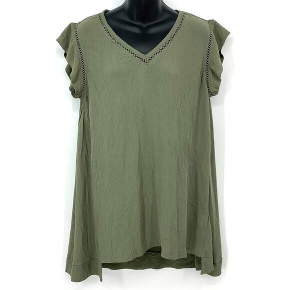 Ellen Tracy Top Size Large Green Caper V-Neck Ruffle Crochet Pullover Women New - Picture 1 of 5